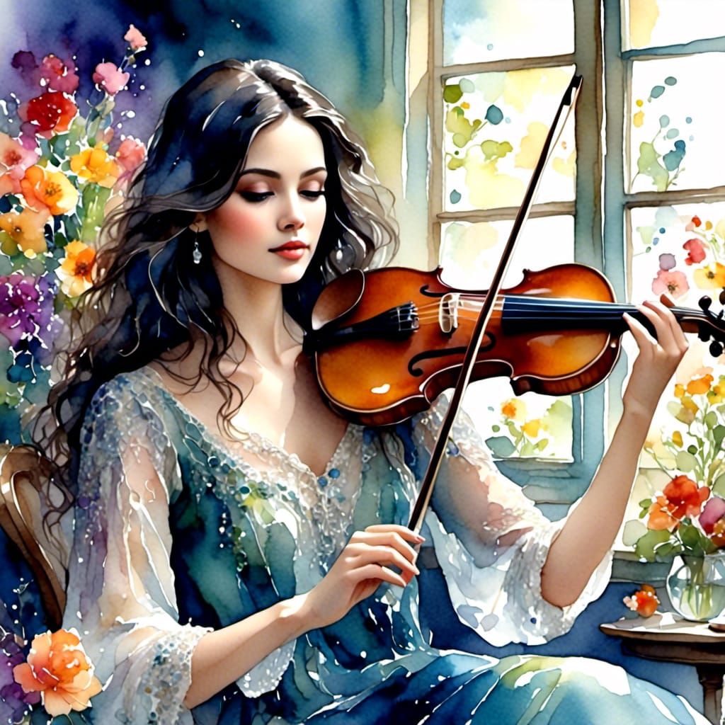 Girl Playing Violin in Watercolor Flower Room