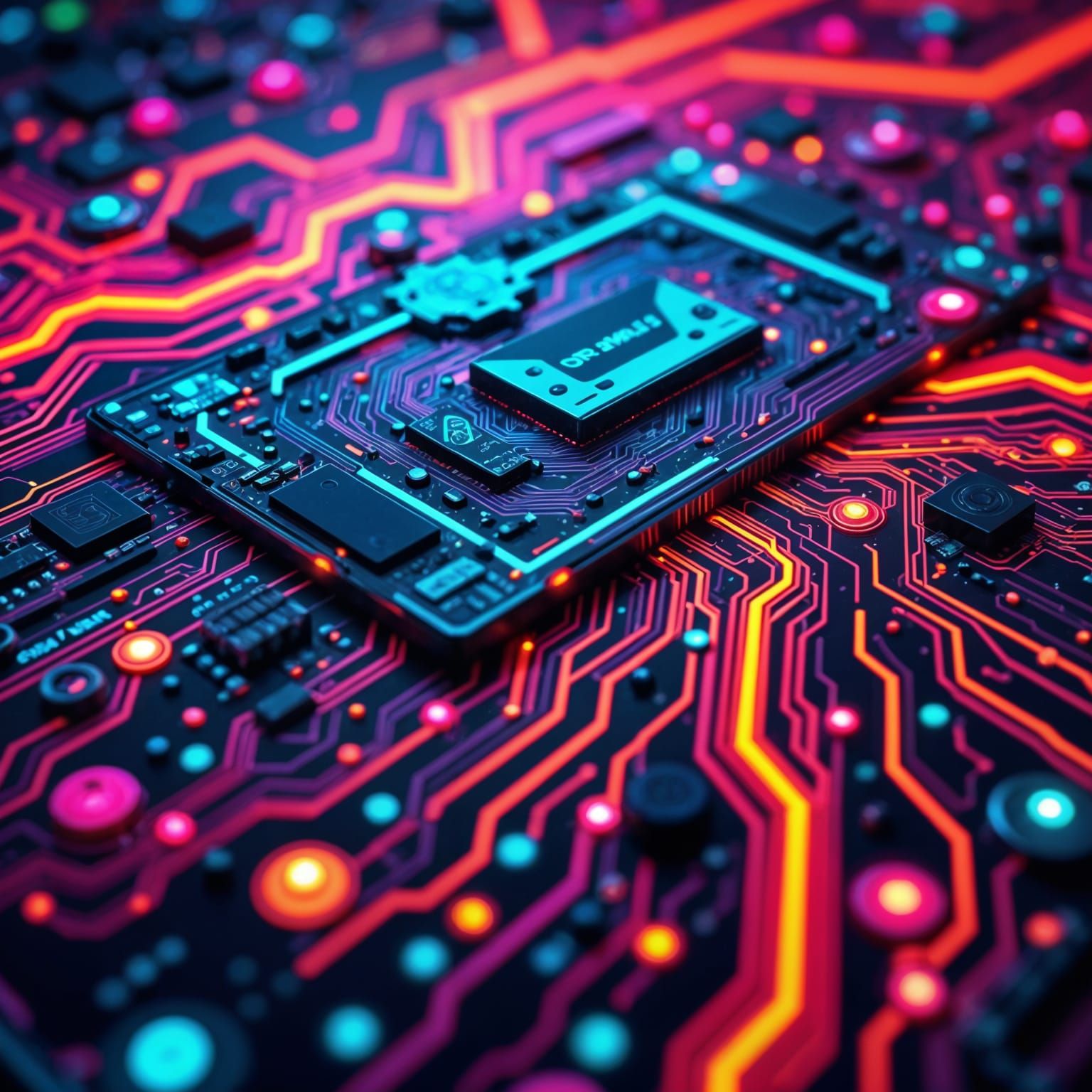 Vibrant Circuit Board Art in Hyperrealistic Style