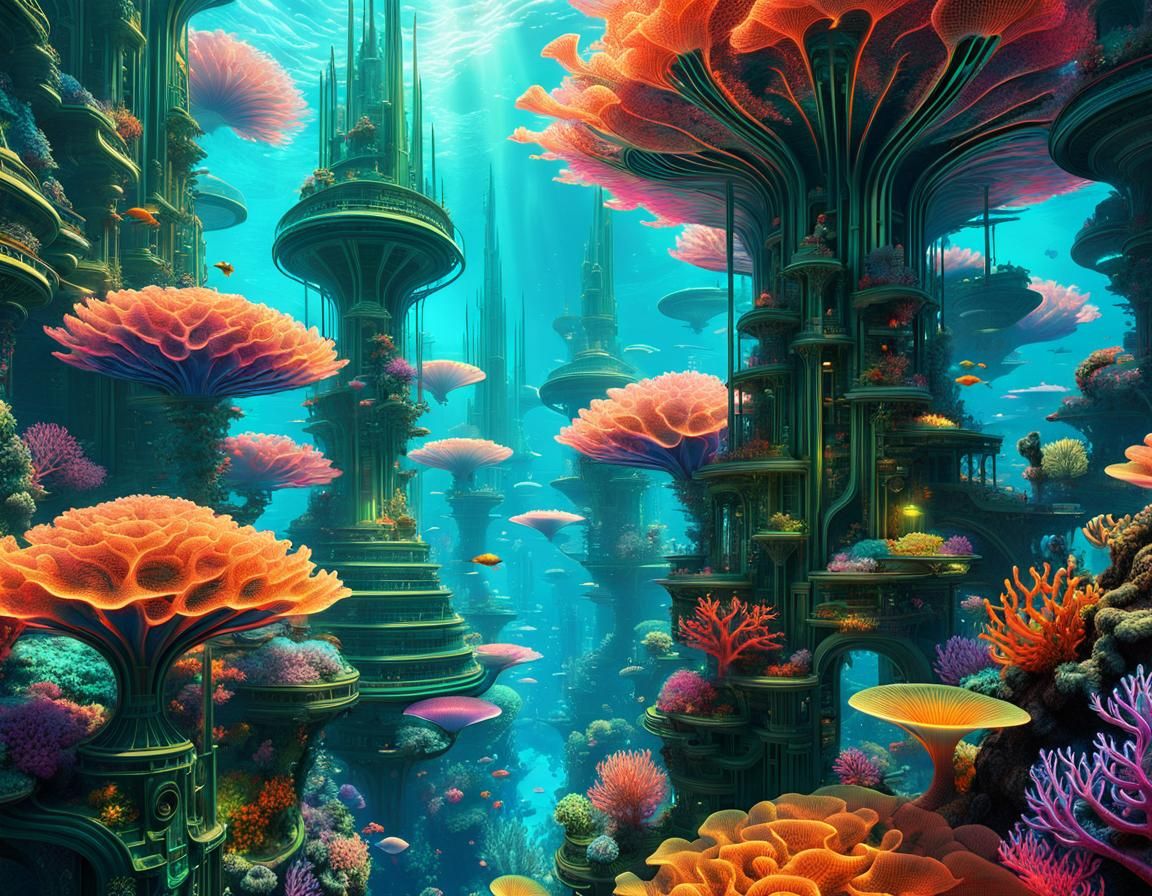 Underwater Teslapunk City with Mermaids and Coral Reef