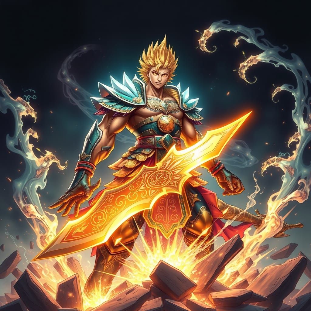 Regal Anime Warrior with Magical Aura and Muscular Physique