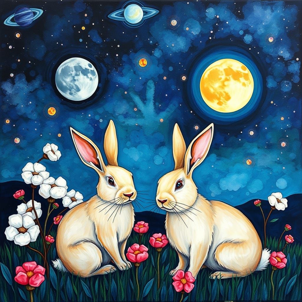 Whimsical Night Sky with Monet-Inspired Cotton Ball Rabbits