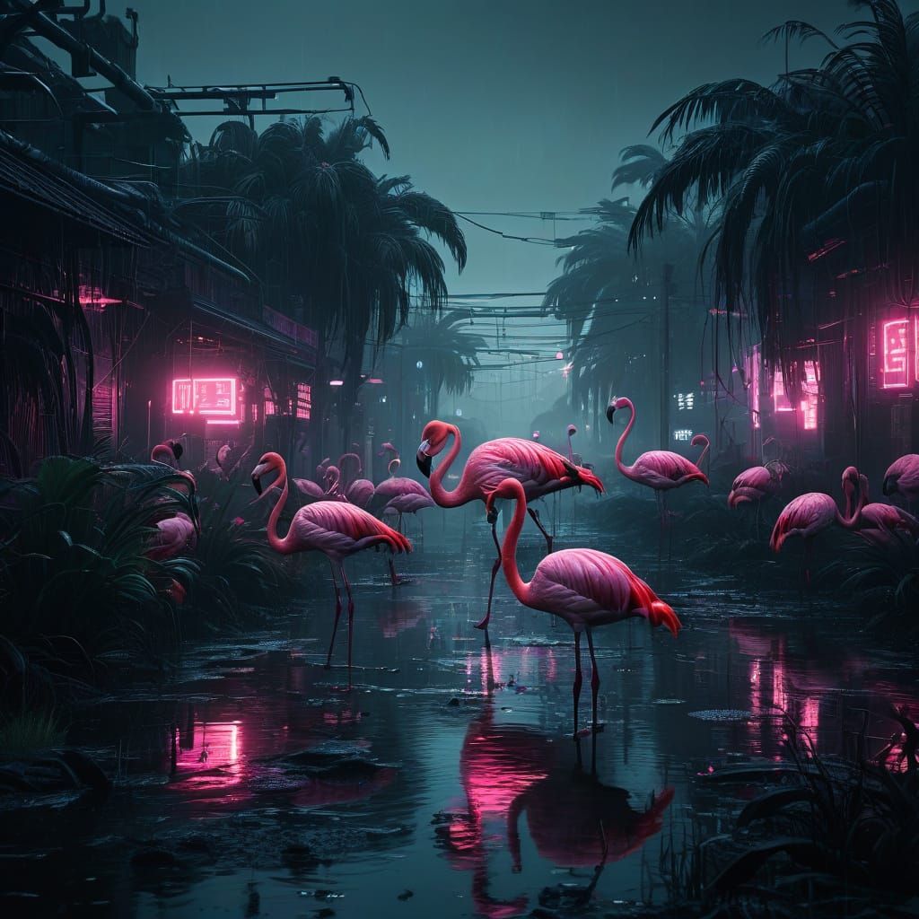 Cyberpunk Flamingos in Neon Swamp