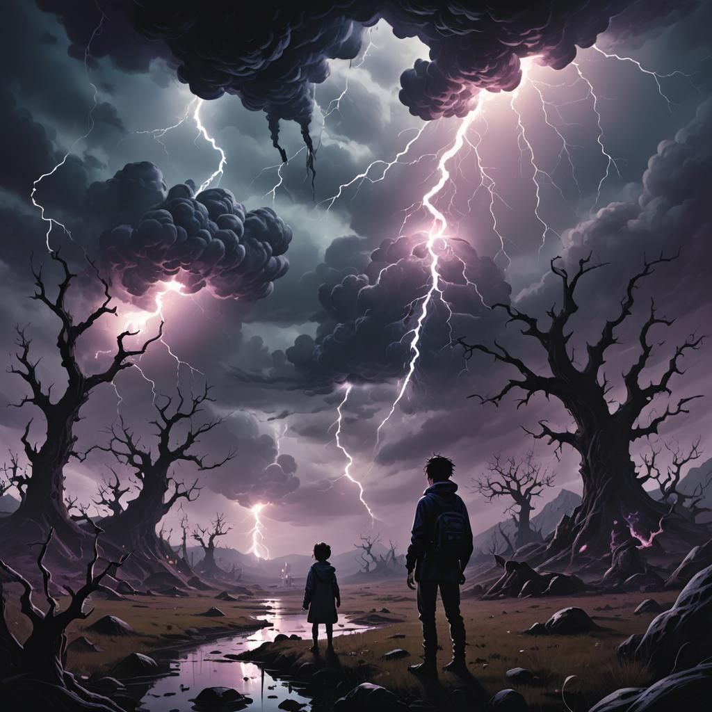 Eerie Childhood Landscape with Lurking Monsters