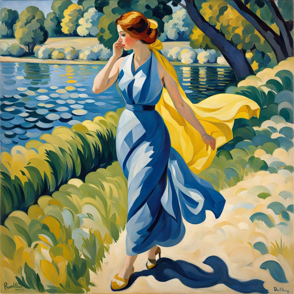 Woman at Riverbank in Cubist Oil Painting Style