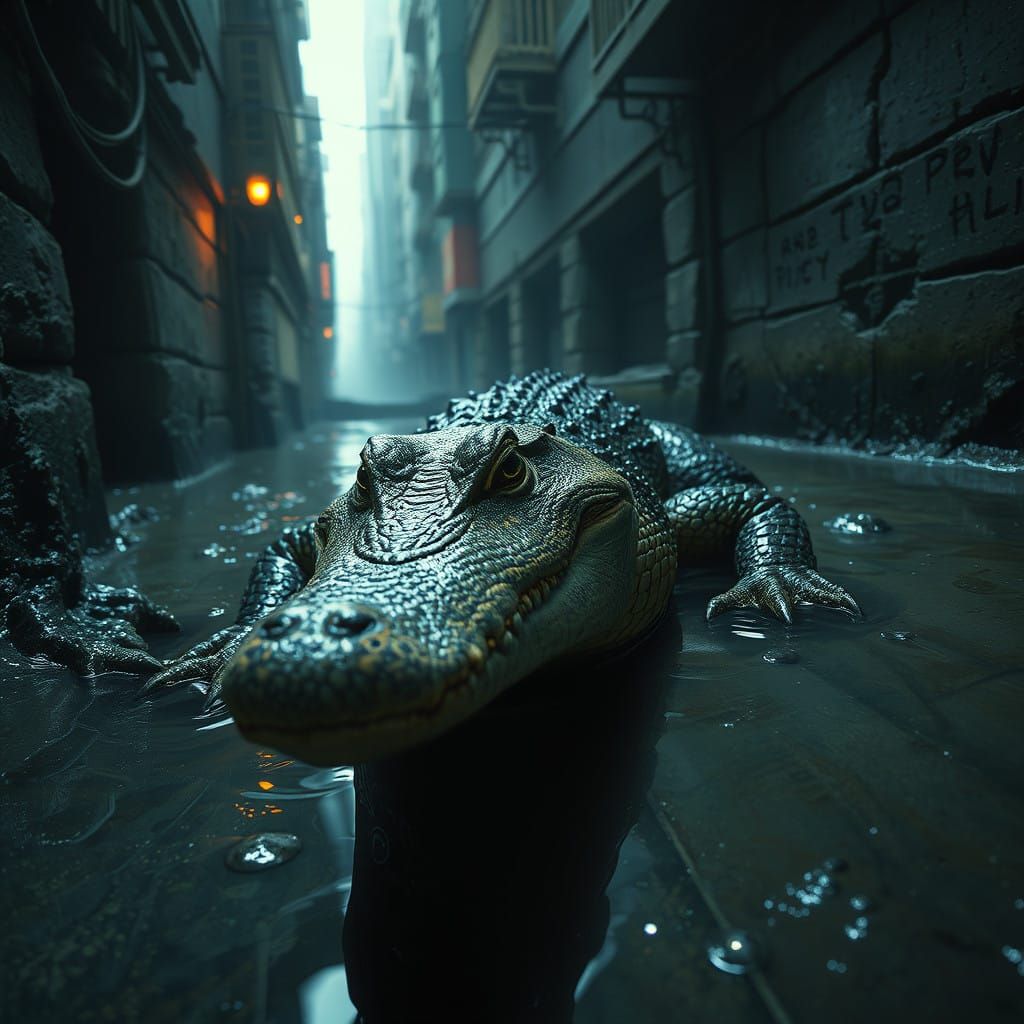 Epic Urban Alligator Scene in a Meticulously Detailed Digita...