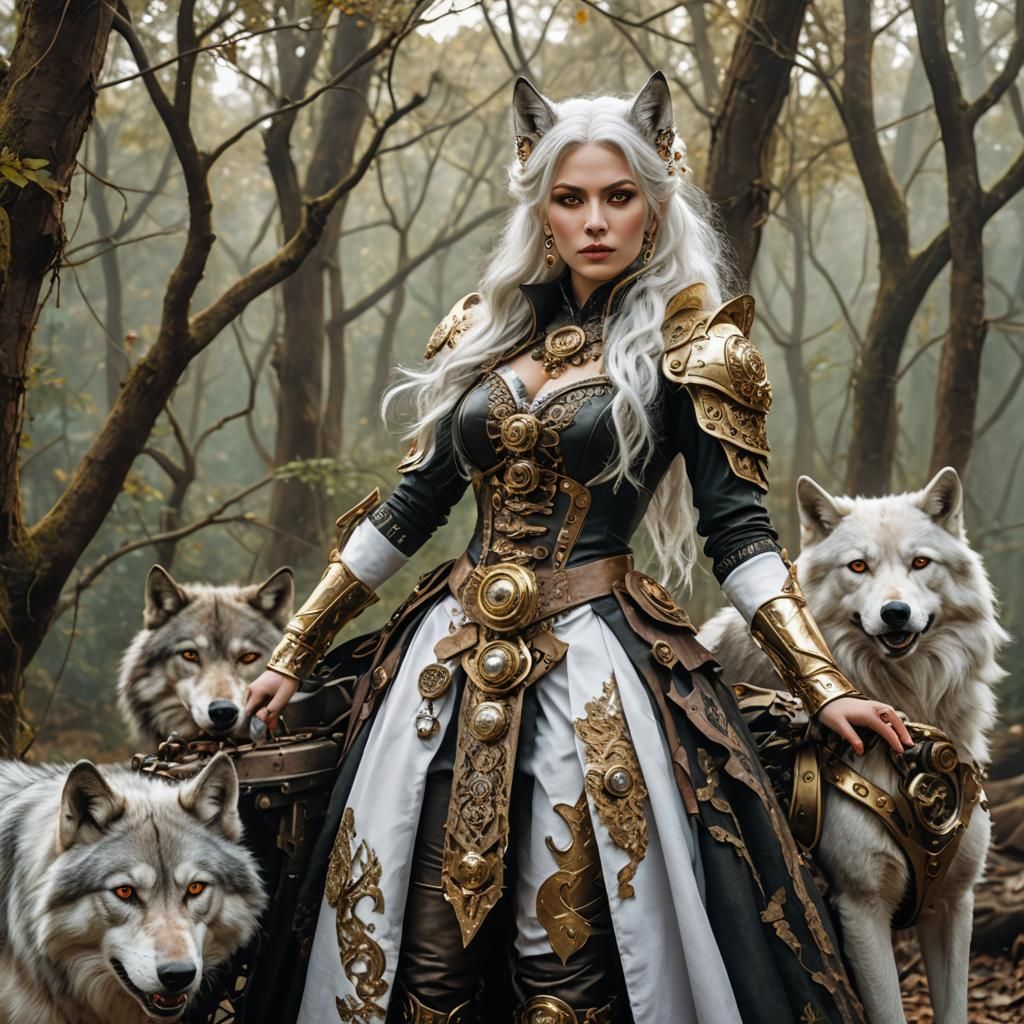 Wolf Goddess in Fantasy Woodland with Steampunk Engine