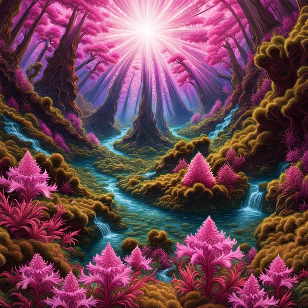 Rainbow Sunburst Forest in Pink Kaleidoscope