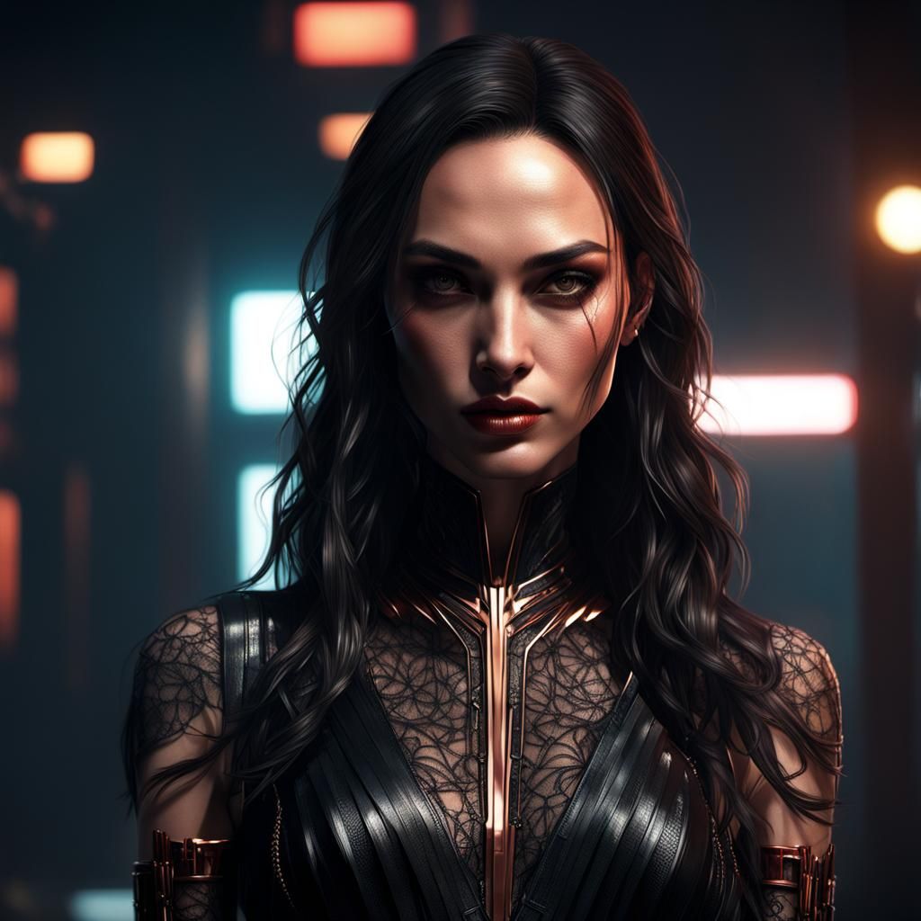 Cyberpunk Girl with Black Lace Dress in Neon Cityscape