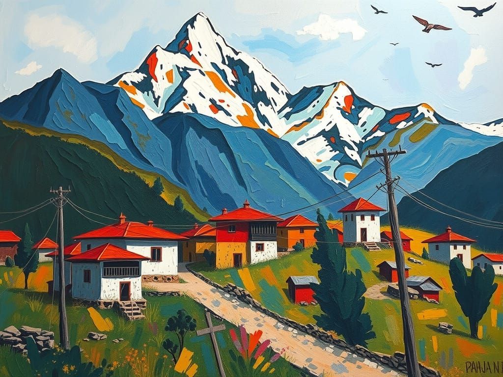 Vibrant Himalayan Village Portrayed in Oil on Canvas Style