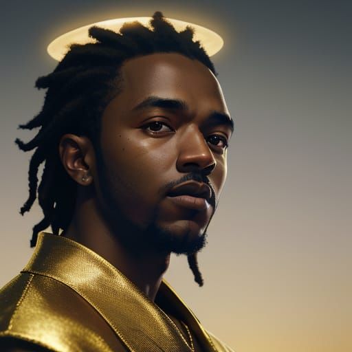 kendrick lamar wearing a halo using only dark-purple and gold aptured with a Canon EOS 5S Mark IV, lit with high-key lig...