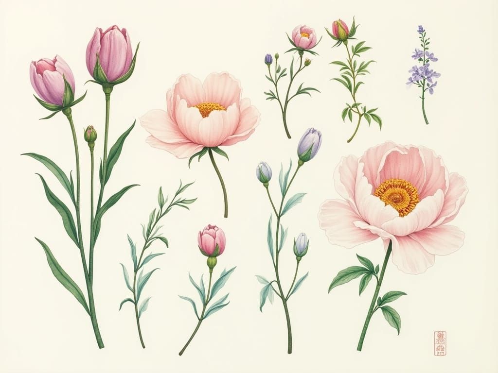 Vintage Botanical Illustration in the Style of Japanese Kach...