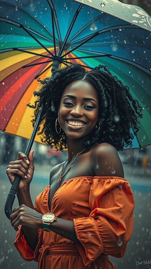 Vibrant Woman Dances with Umbrella in Rainy Scene, Watercolo...