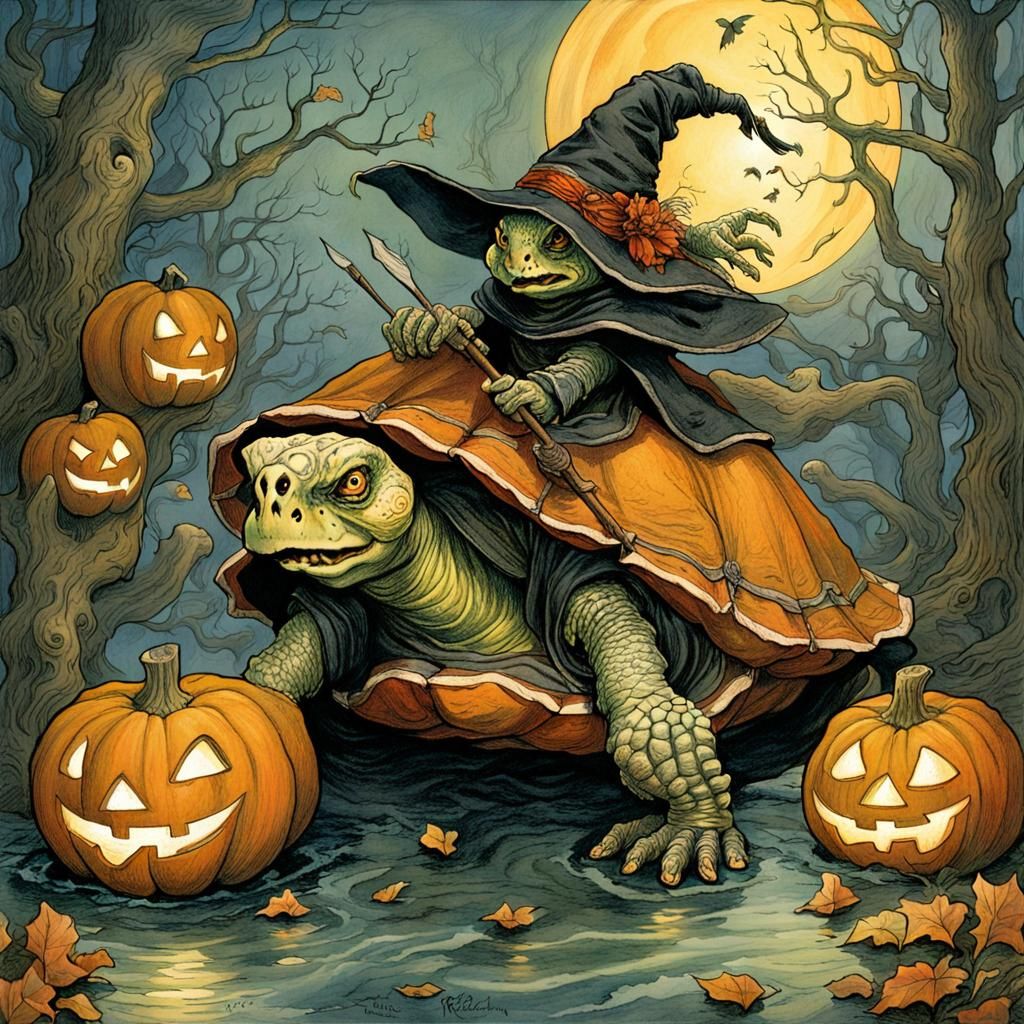 Turtle Witch at Eerie Halloween Party Illustration