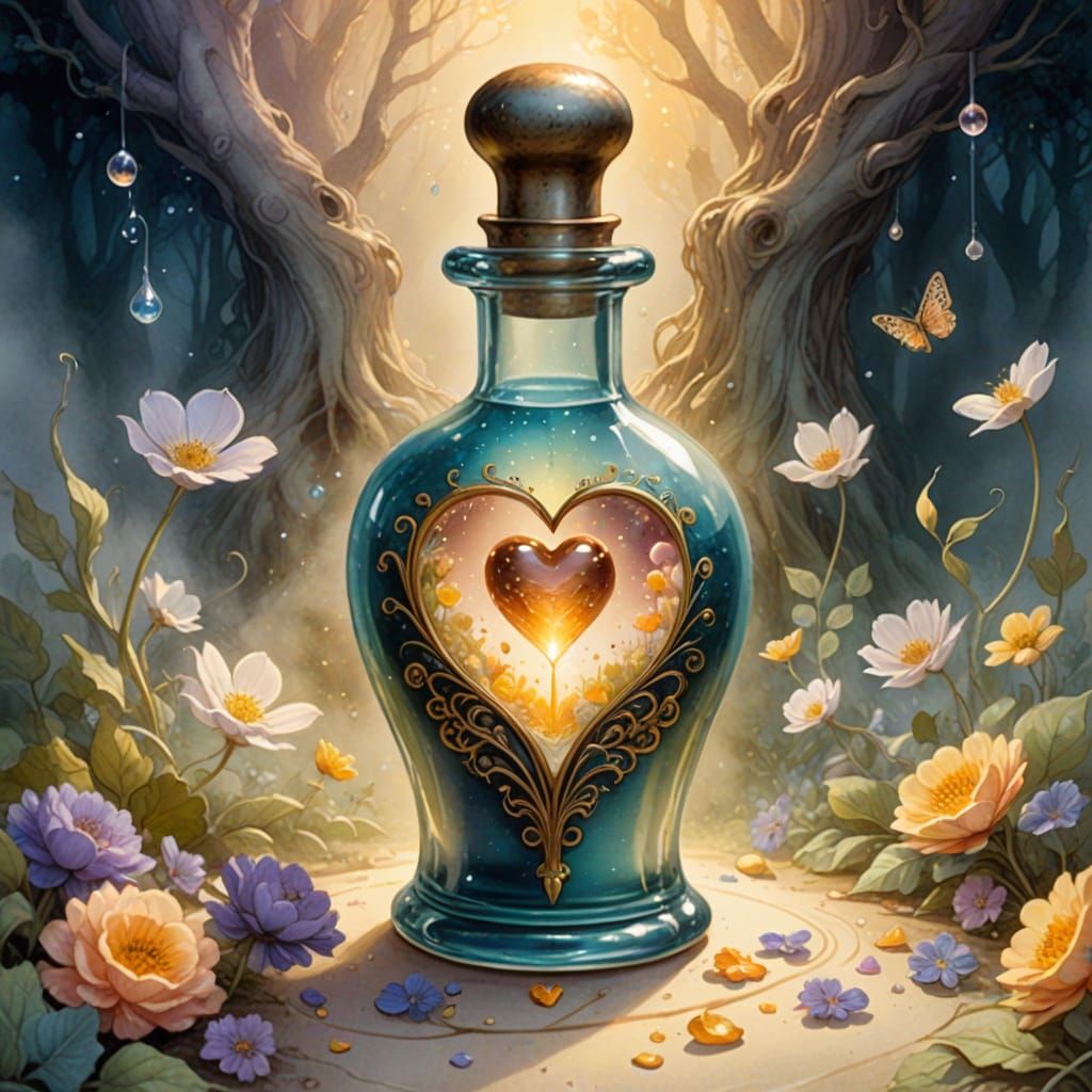 Whimsical Fantasy Illustration of Enchanted Potion Bottle