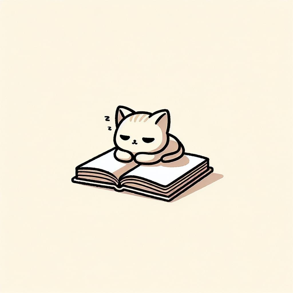 Cartoon Kitten Resting on Book in Minimalist Style