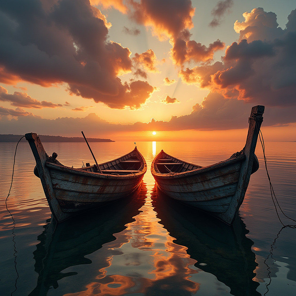 Sunset Reflections: Two Weathered Boats on a Calm Lake