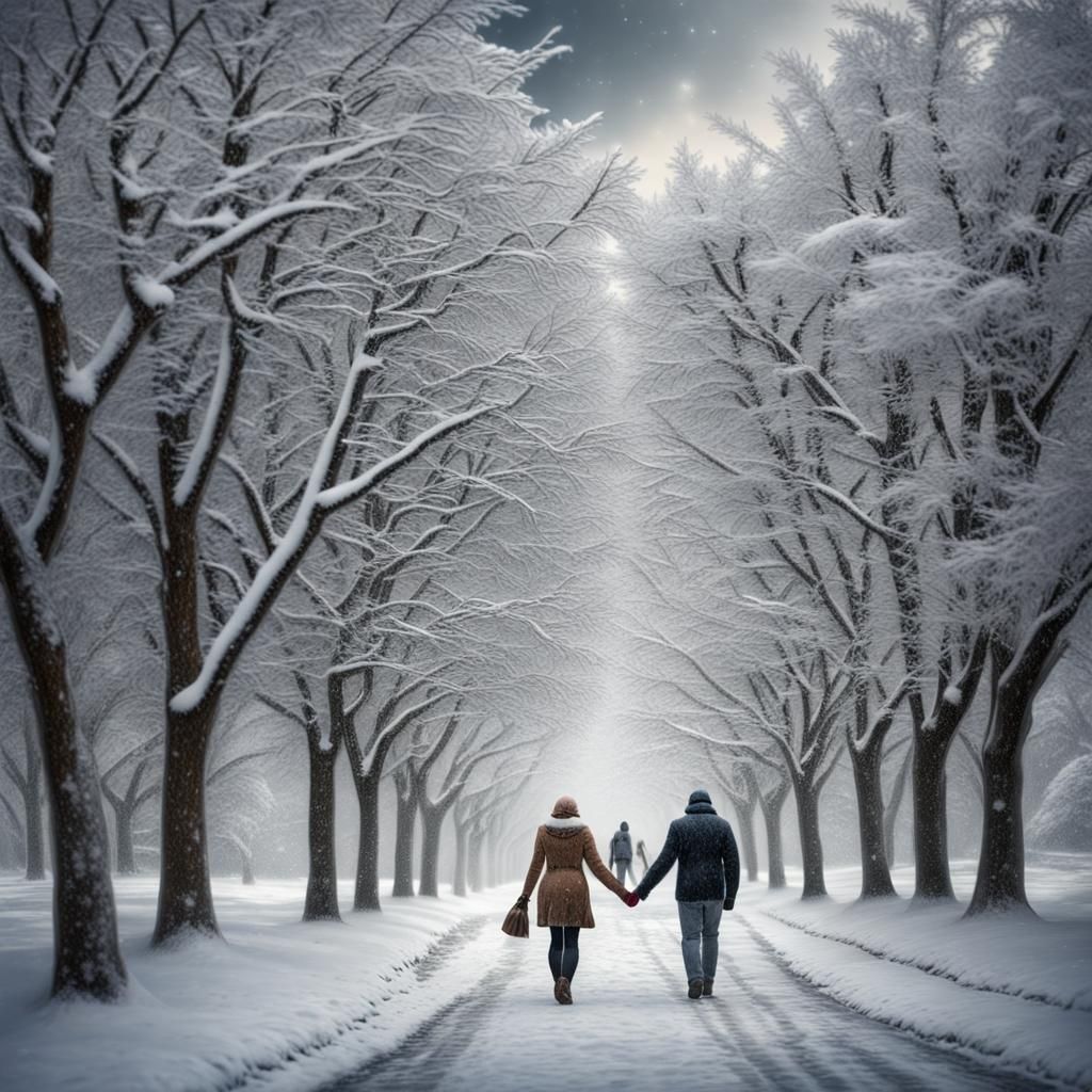 Couple Walking in Falling Snow: Hyperrealistic Fantasy