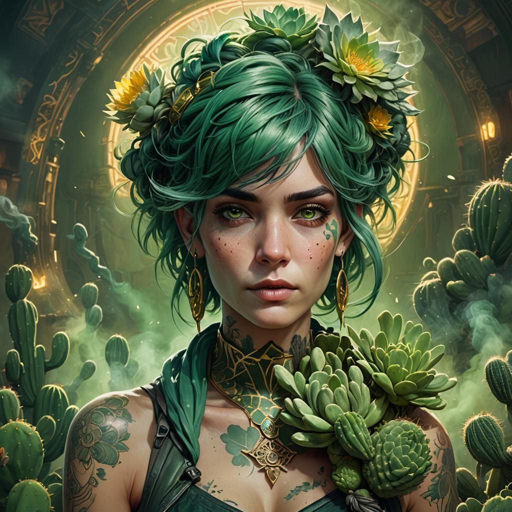 Green Haired Woman with Cactus Tattoo, Hyperdetailed