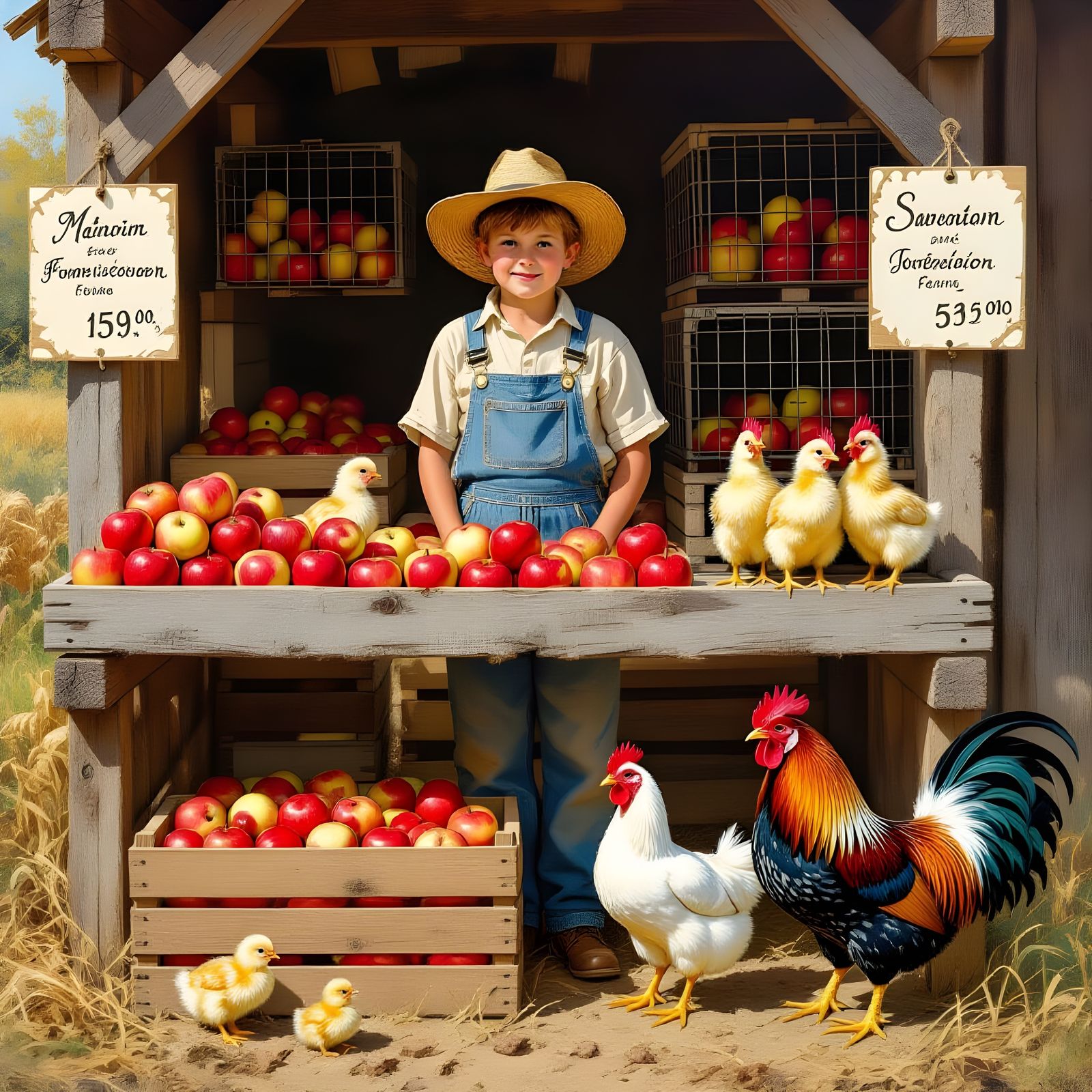 Farmstand Scene with Apples, Chickens, and Goats