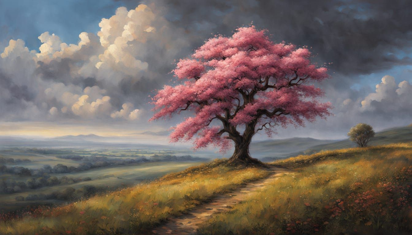 Solitary Pink Tree Under a Dramatic Sky