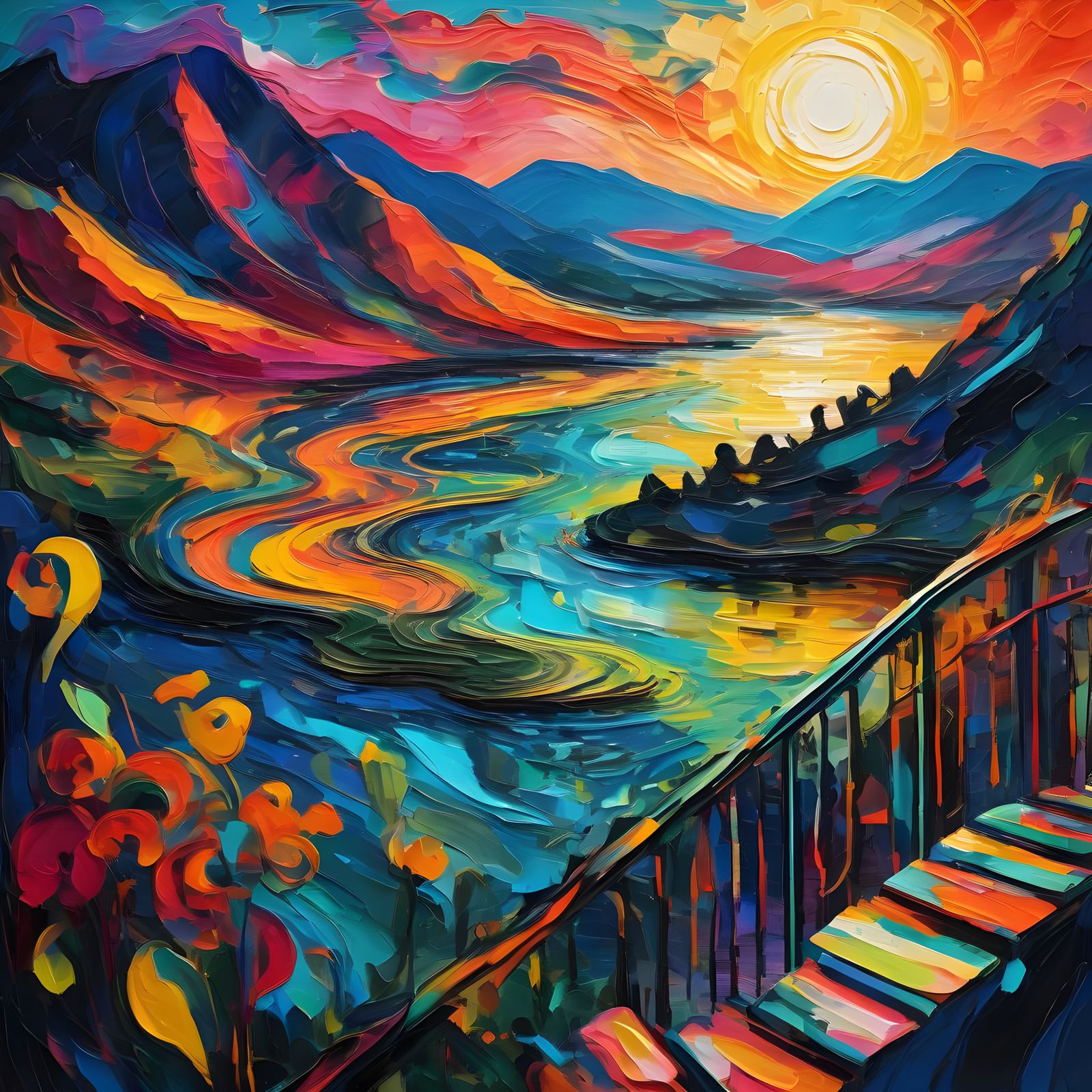 Abstract Sunset Balcony View in Splatter Art Style