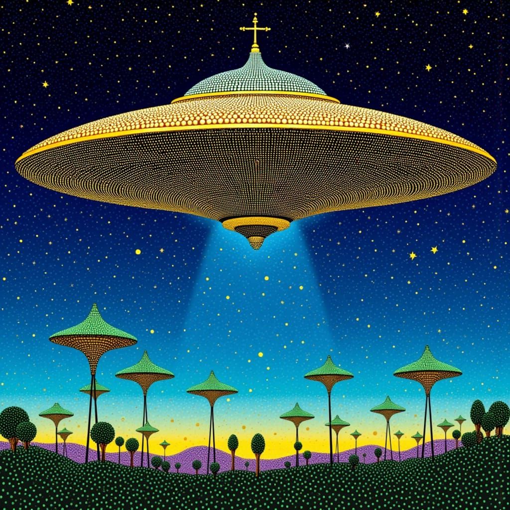 UFO, complete with a weathervane, in the night sky