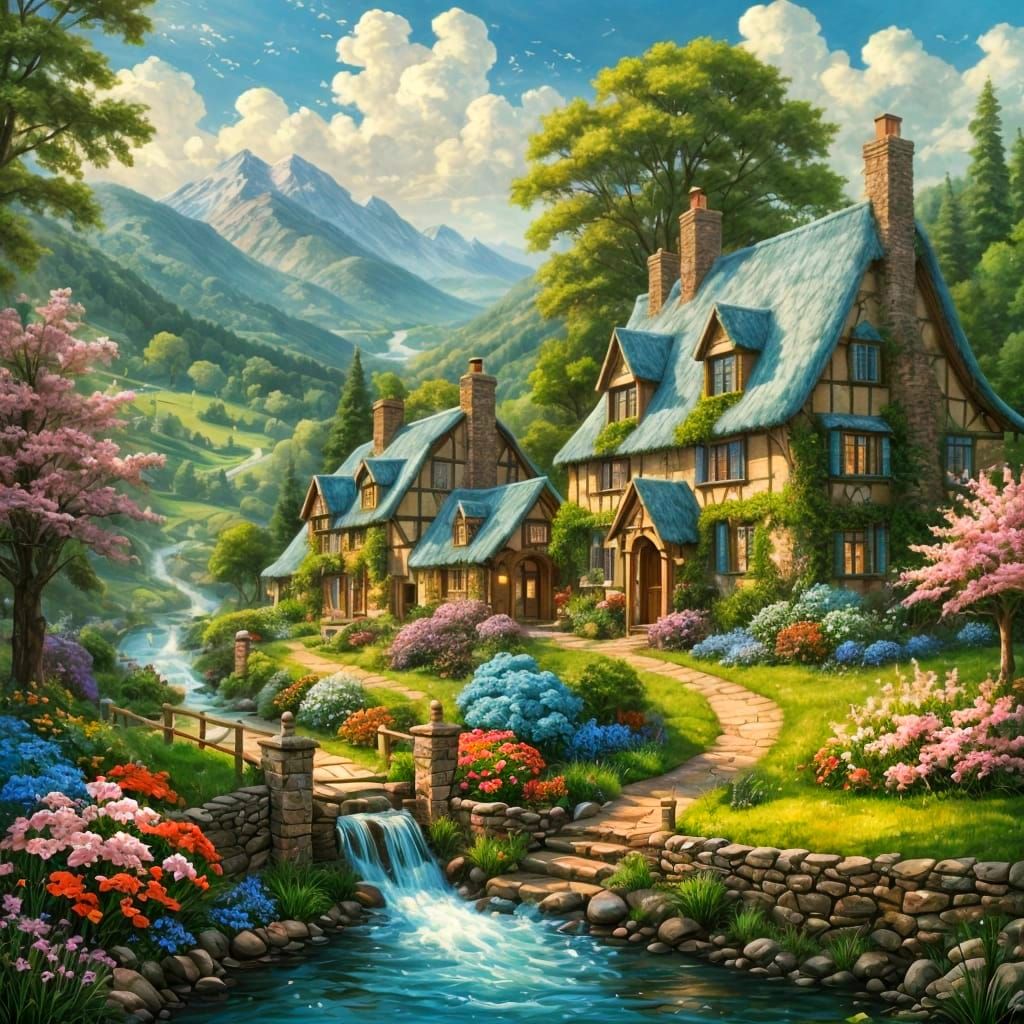 Blue Village in Valley: Idyllic Beauty