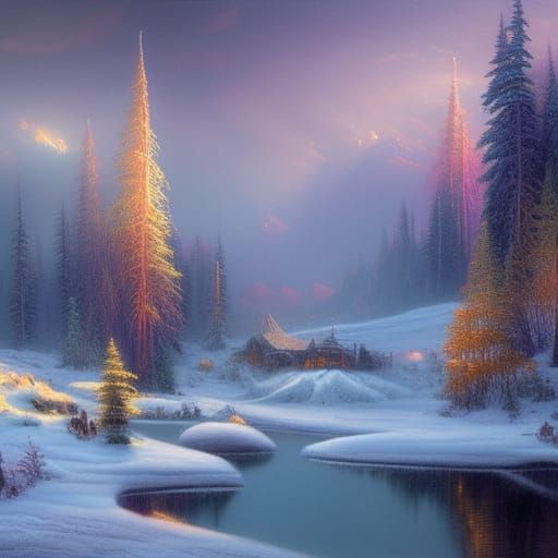 Northern Lights Over Frozen Lake, Fantasy Art