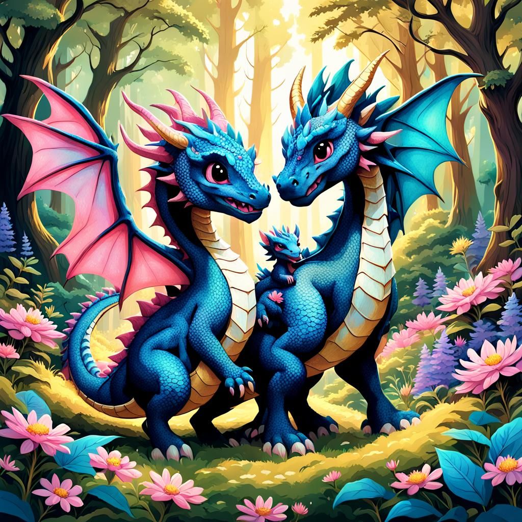Blue Dragon Embraces Pink Dragon in Anime Forest