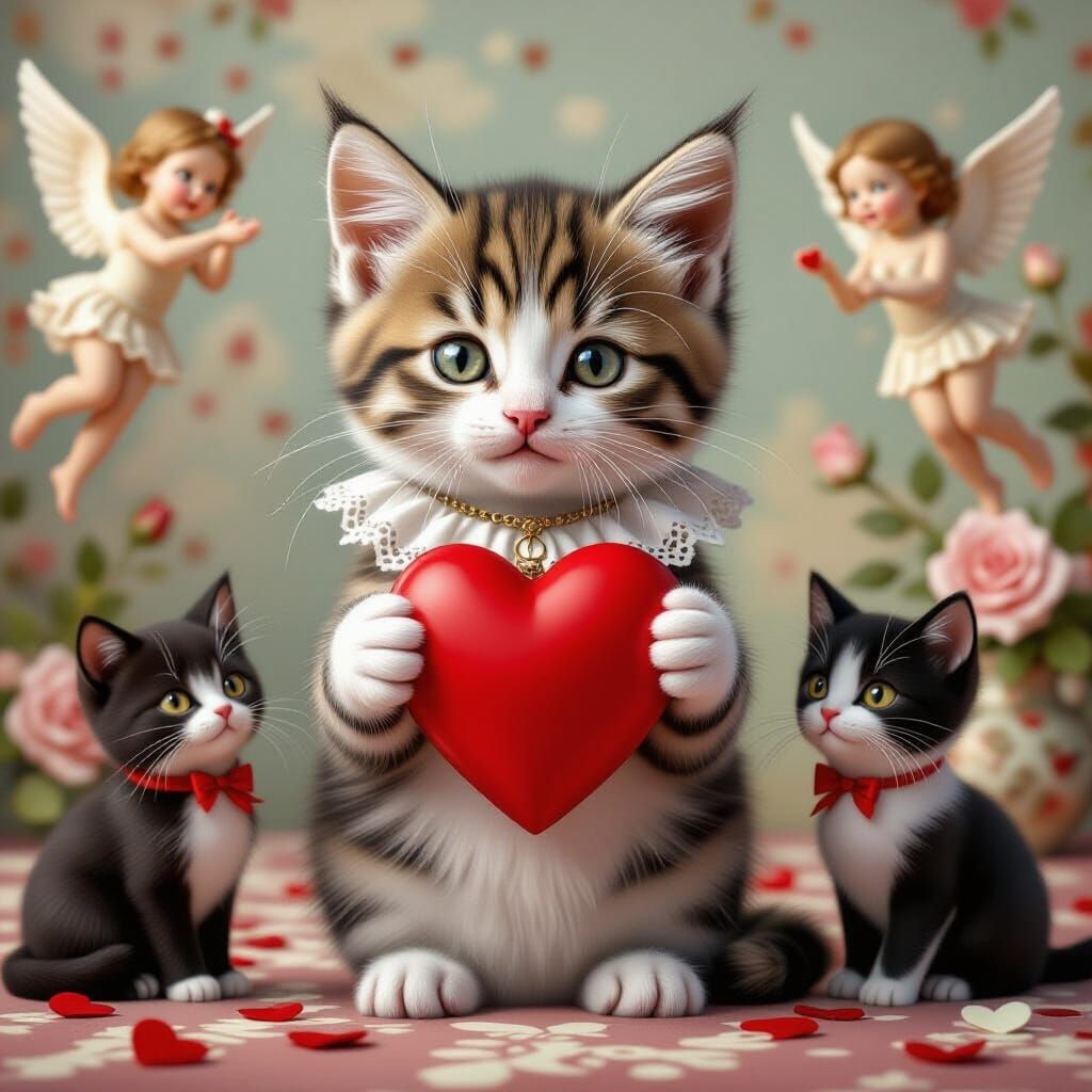 Kitten with Heart in Valentine's Day Fantasy, as 3D Rendered...