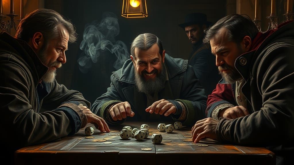 Sly Swindler Manipulates Dice Game in Smoky Tavern