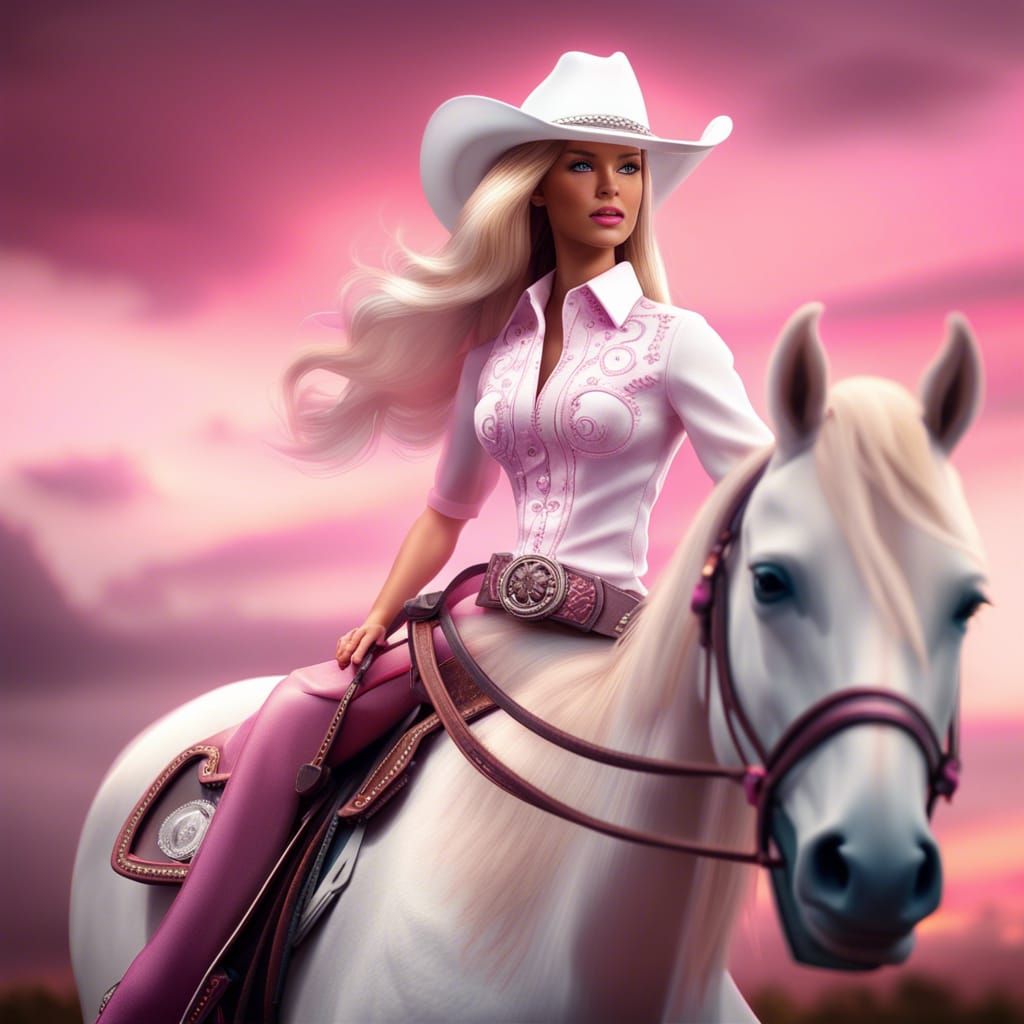 Hyperrealistic Barbie Rides Pink Horse on Open Range