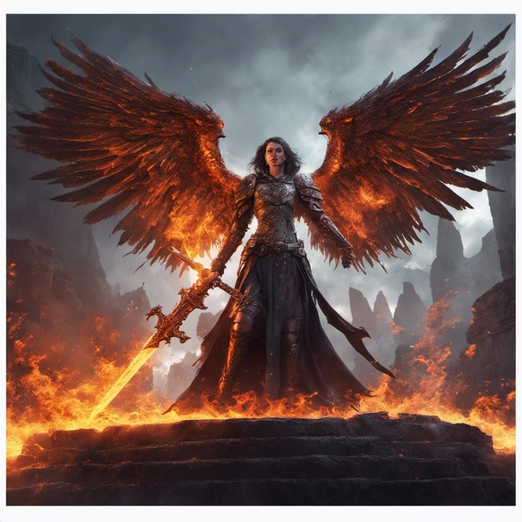 Dark Angel with Flaming Sword in Detailed Matte Painting