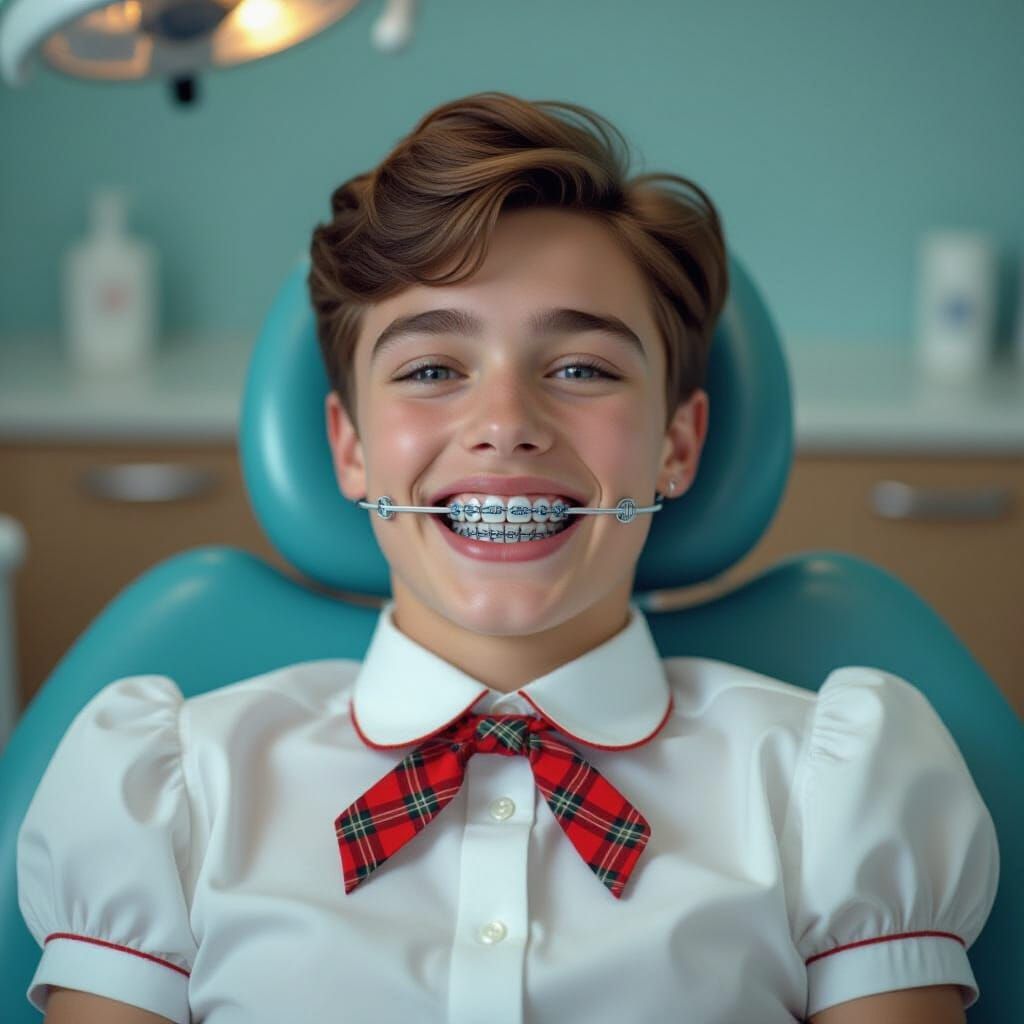 Man in Dentist Chair with Headgear and Jaw Wired Shut