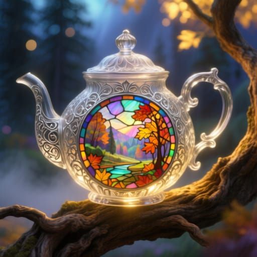 Fantasy Teapot With Autumn Landscape in Stained Glass Style