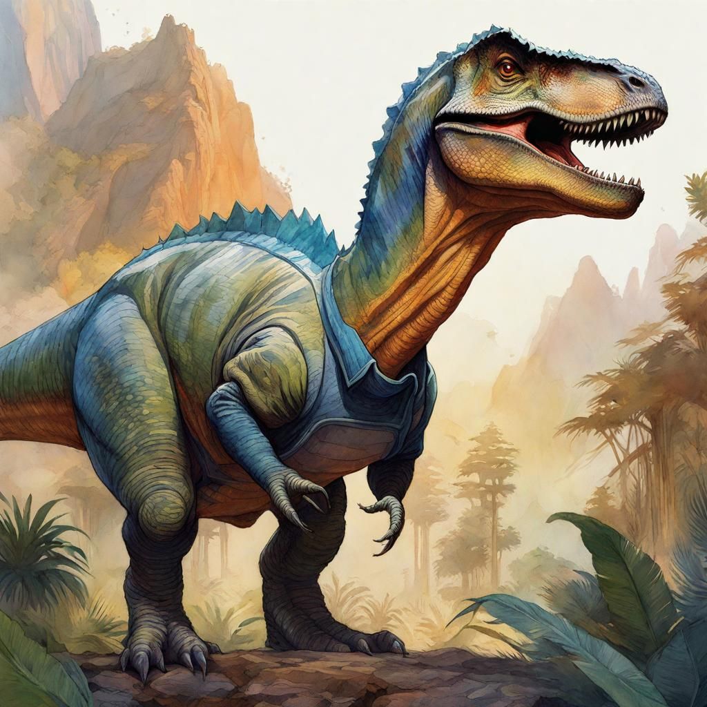 Dinosaur in Sweater: Watercolor Portrait with Line Drawings