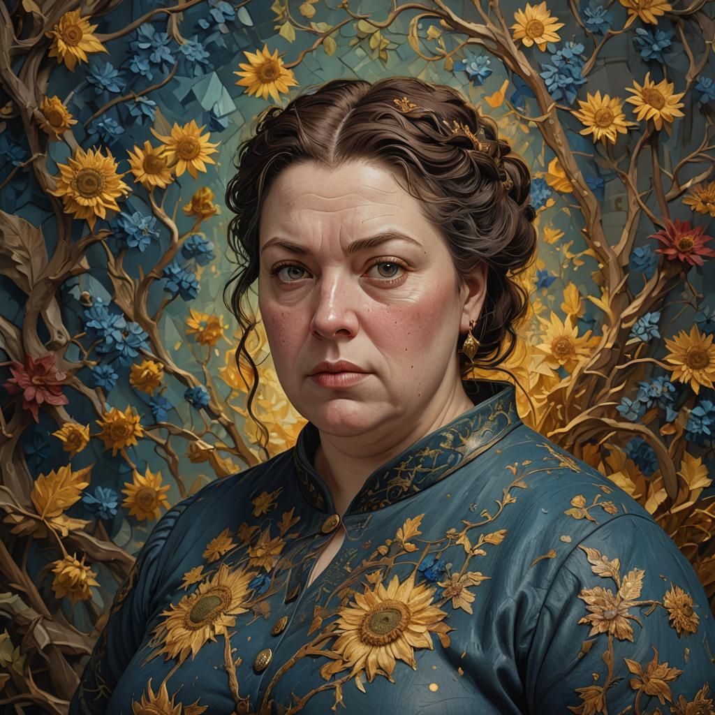Van Gough, raw makeup-free middle aged chubby brunette woman, detailed matte painting, deep color, fantastical, intricat...