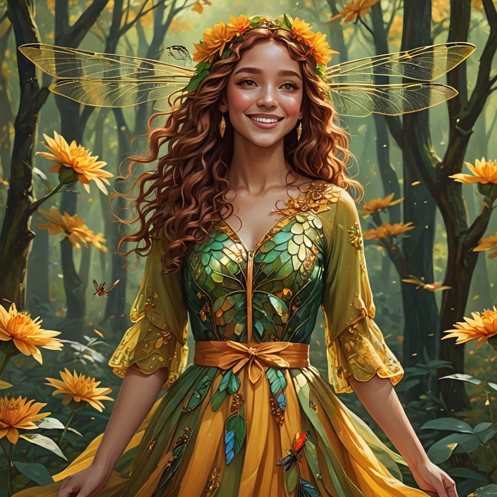 Woman with Dragonfly Wings in Autumn Forest