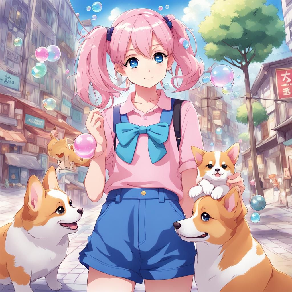 Girl with Puppy in Anime Style