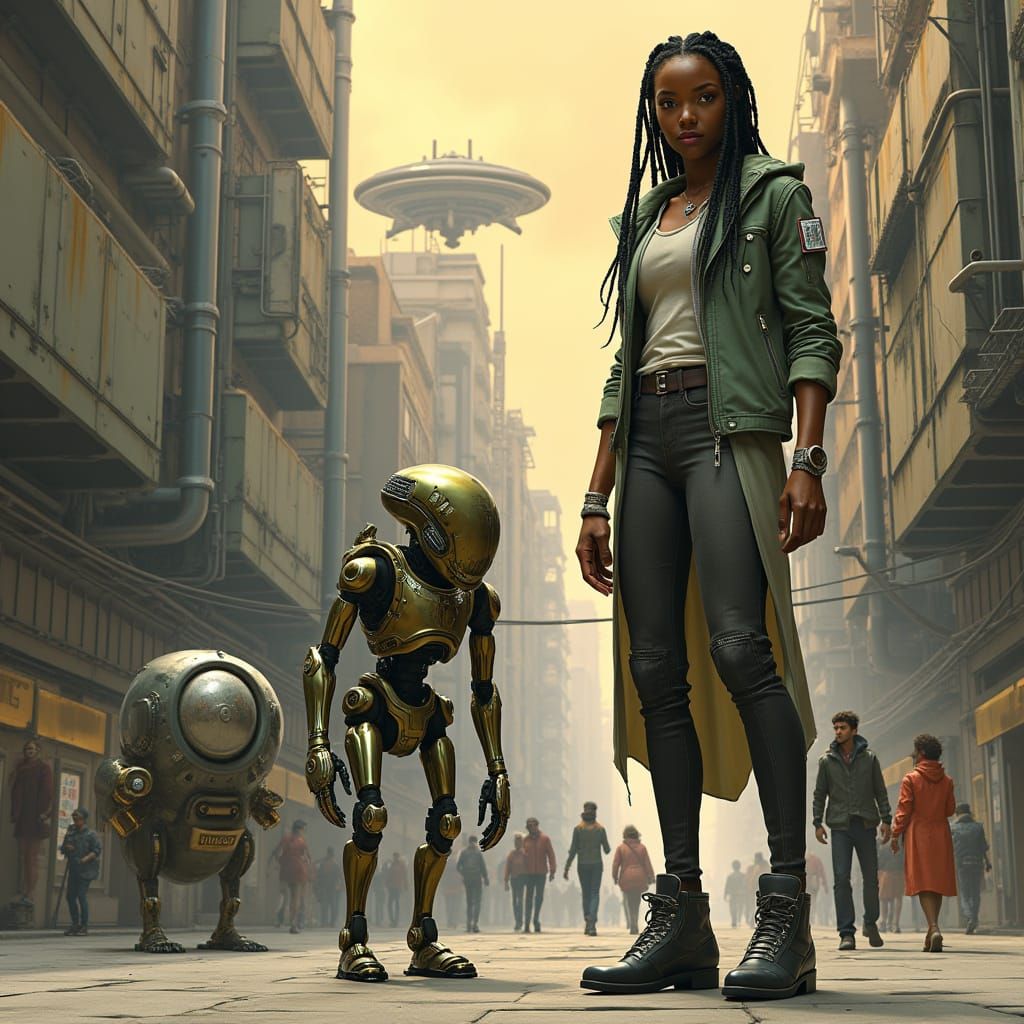 African American Woman in Futuristic Attire with Loyal Robot...