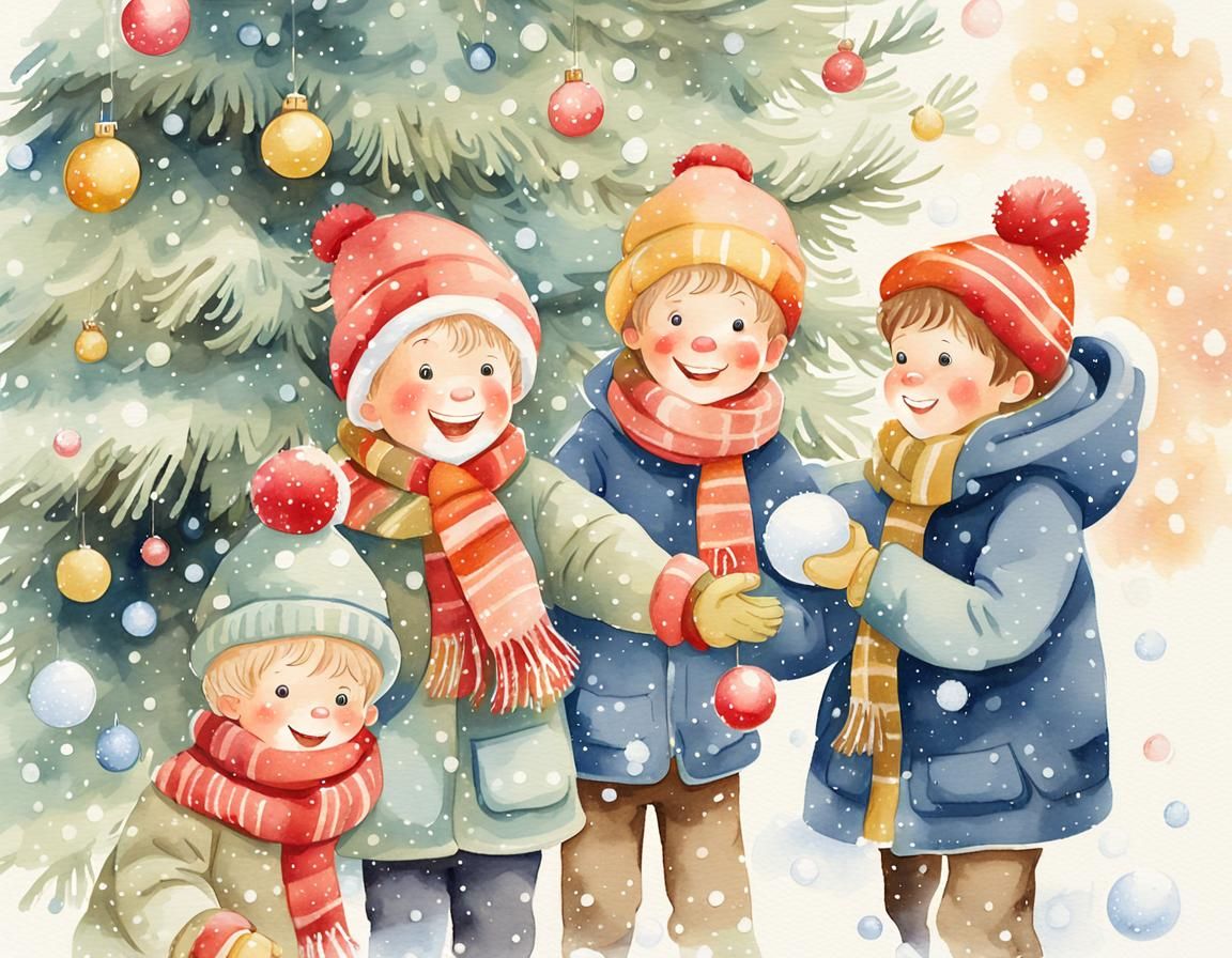 Boys Throwing Snowballs: Whimsical Watercolor Illustration