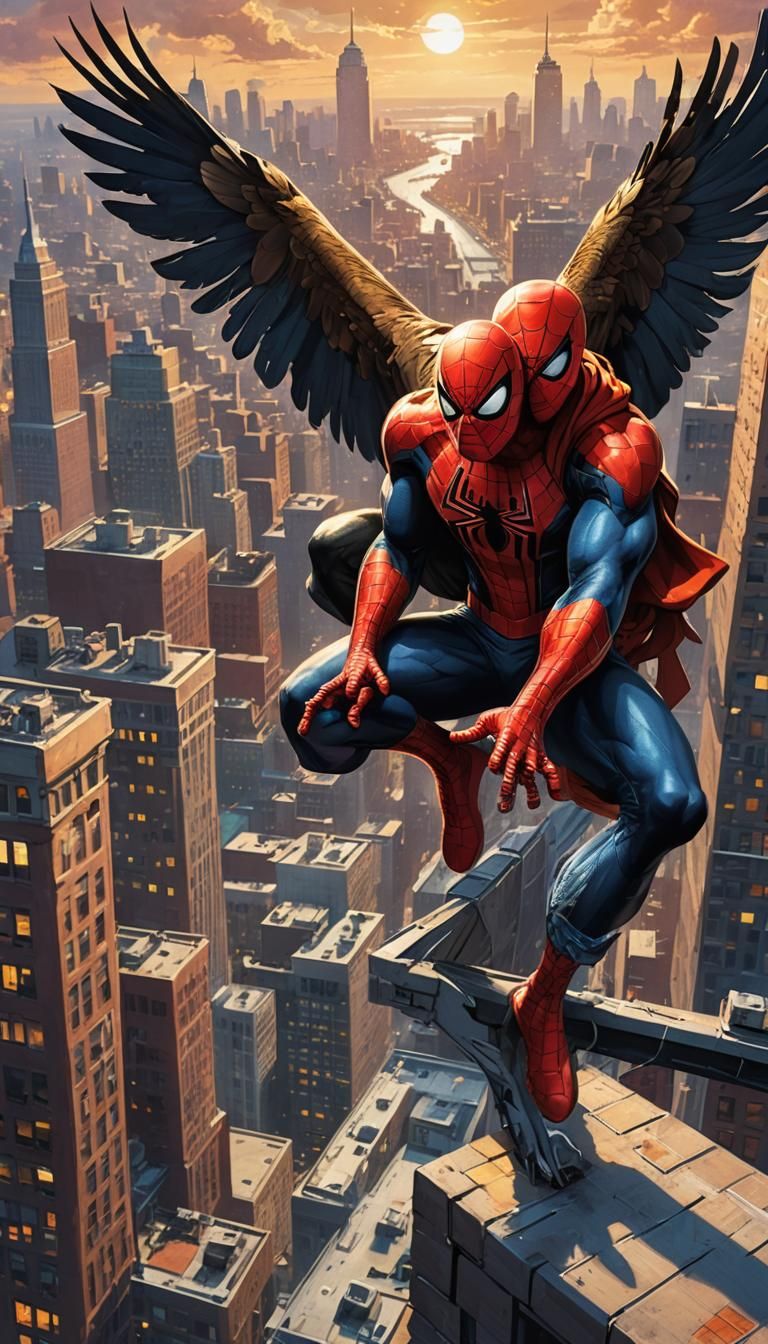 Spiderman and Eagle Rooftop Standoff: Comic Book Art