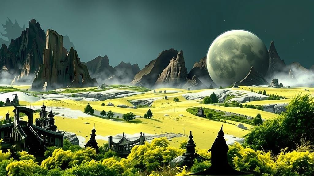 Luminous Moonlit Valley in Ancient, Oriental Landscape