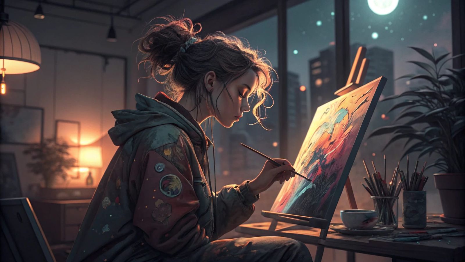 Futuristic Artist Girl Paints in the Evening Glow