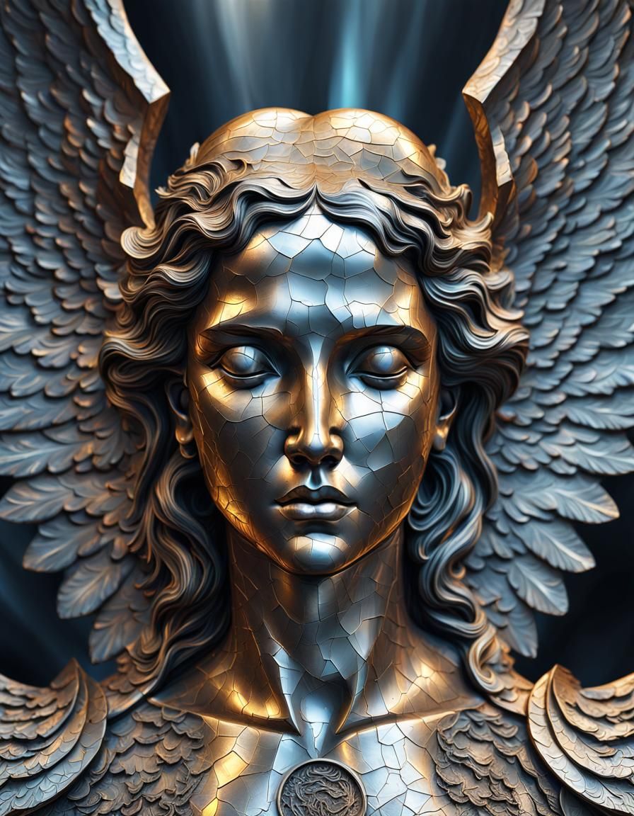 Metal Angel Sculpture with Celestial Background in 8k