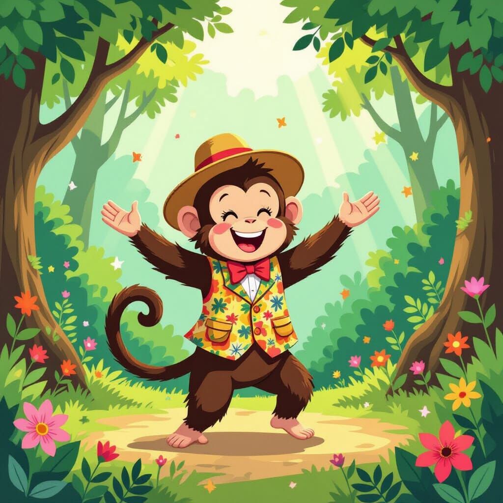 Whimsical Monkey Dancing in Lush Jungle Clearing