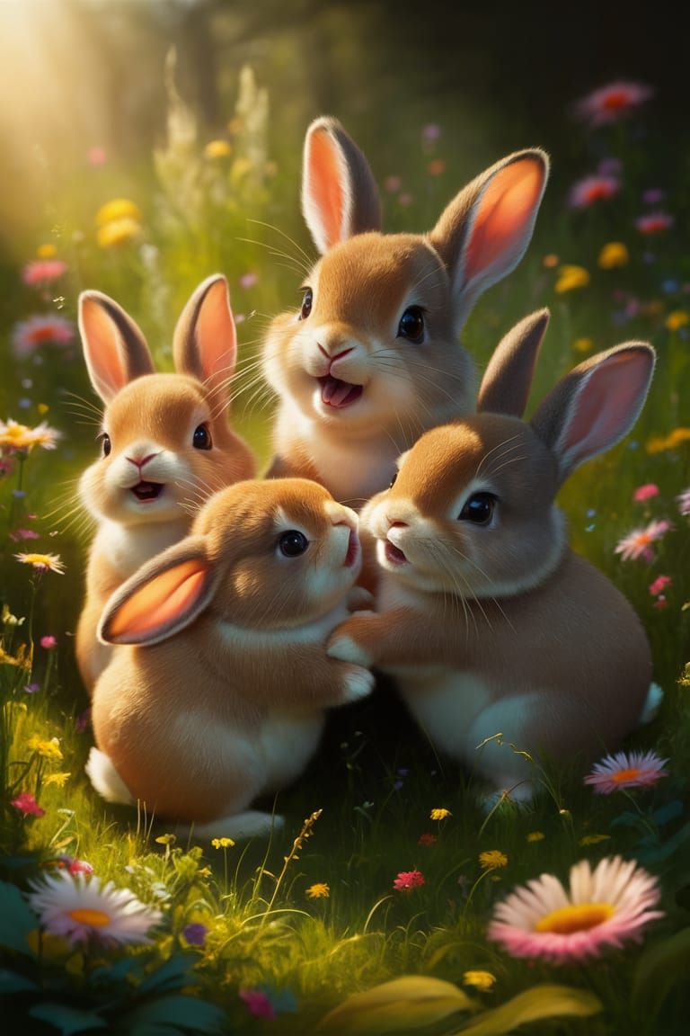 Joyful Bunnies Playing in Wildflower Meadow