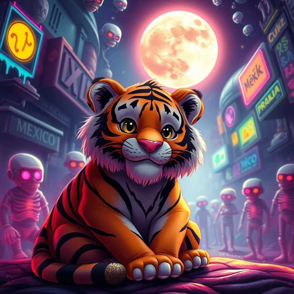 Cartoon Tiger Under Neon Moon in Mexico City