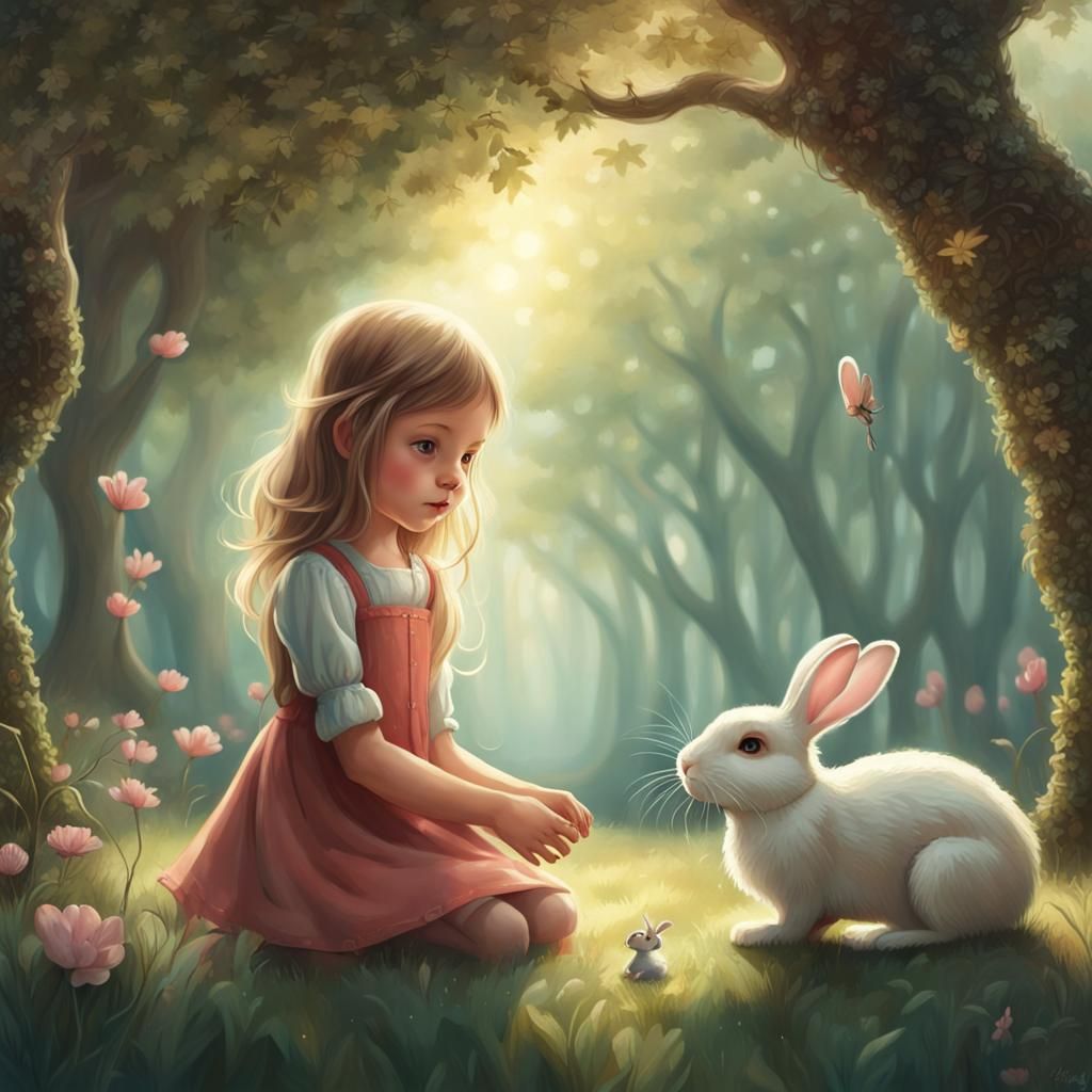 Girl and Rabbit in Garden, Fairy Tale Illustration