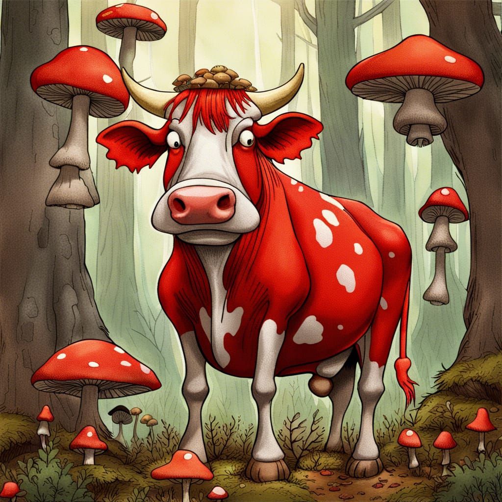 Mushroom Cow in Whimsical Forest